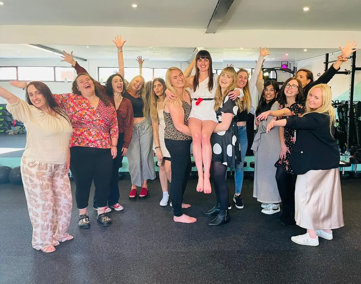 Hens mid-routine at a RuPaul-inspired dance class in Blackpool