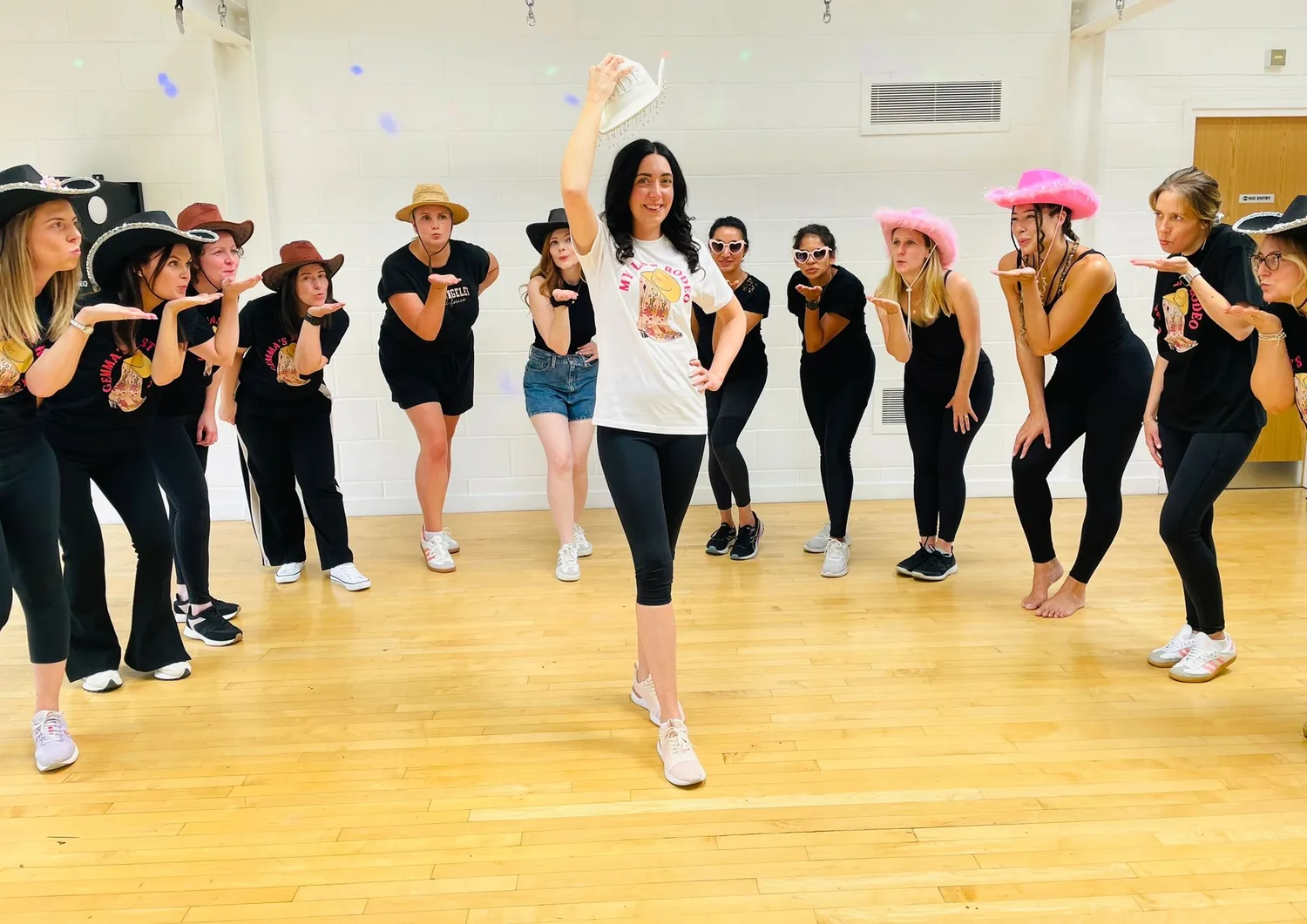 Mid-routine at a Texas Hold'em country hen dance class